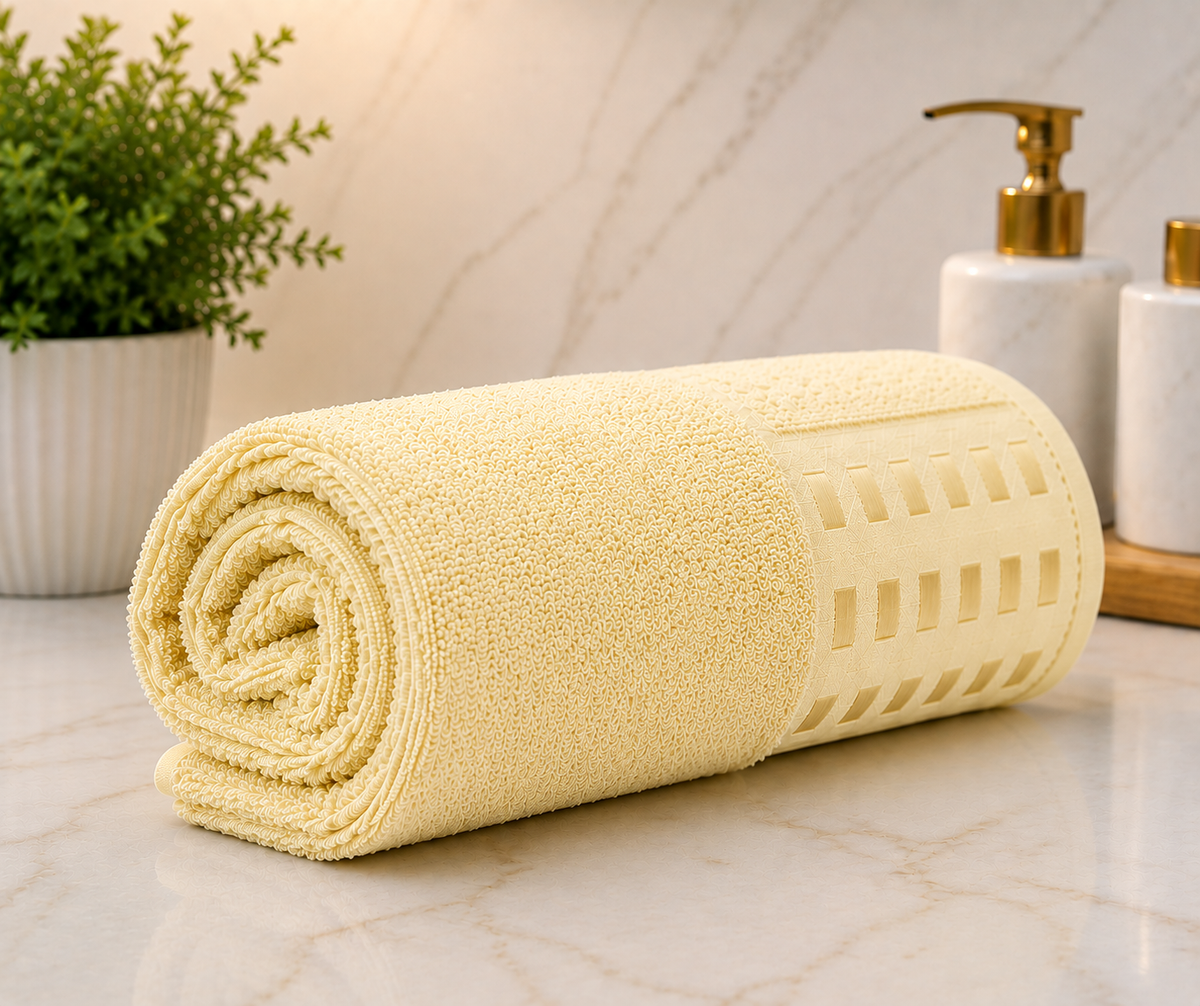 Pale cream yellow textured bath towel with elegant woven design