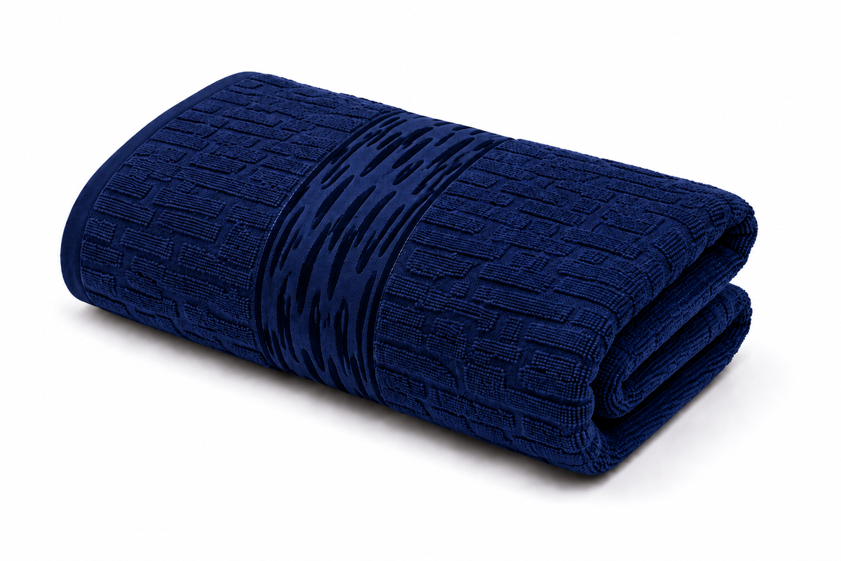 Deep purple textured bath towel with decorative woven pattern