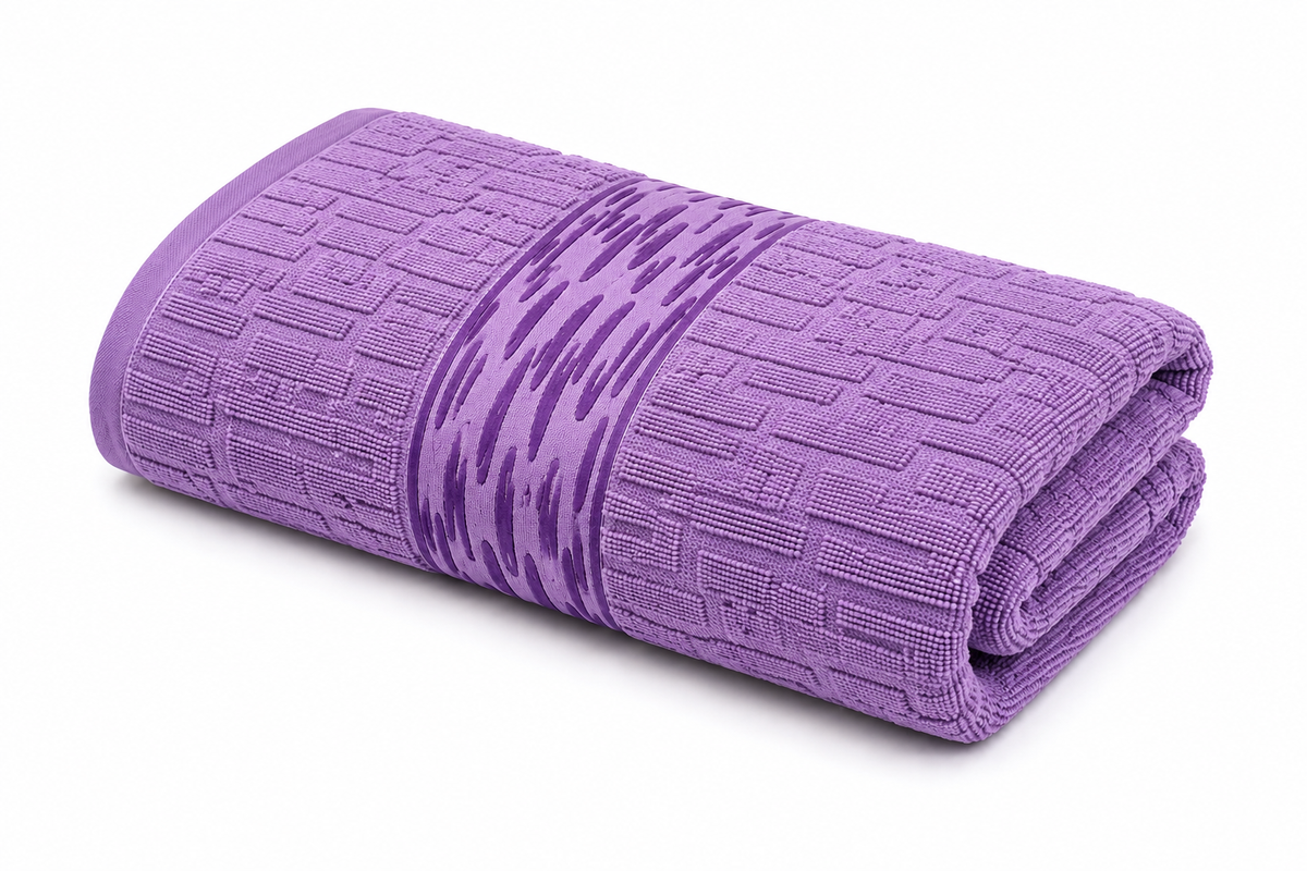 Dusty lavender purple textured bath towel with decorative woven pattern