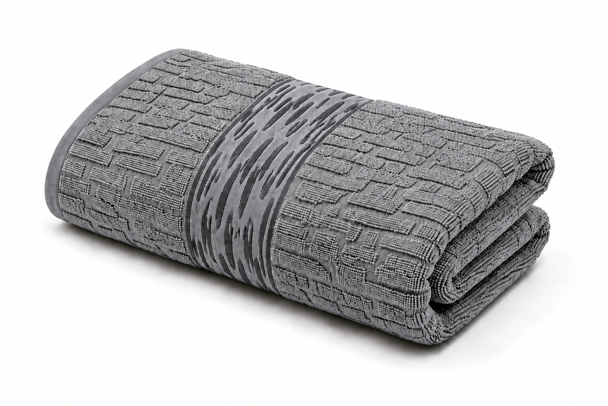 Grey textured bath towel with decorative woven pattern