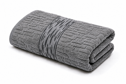 Grey textured bath towel with decorative woven pattern