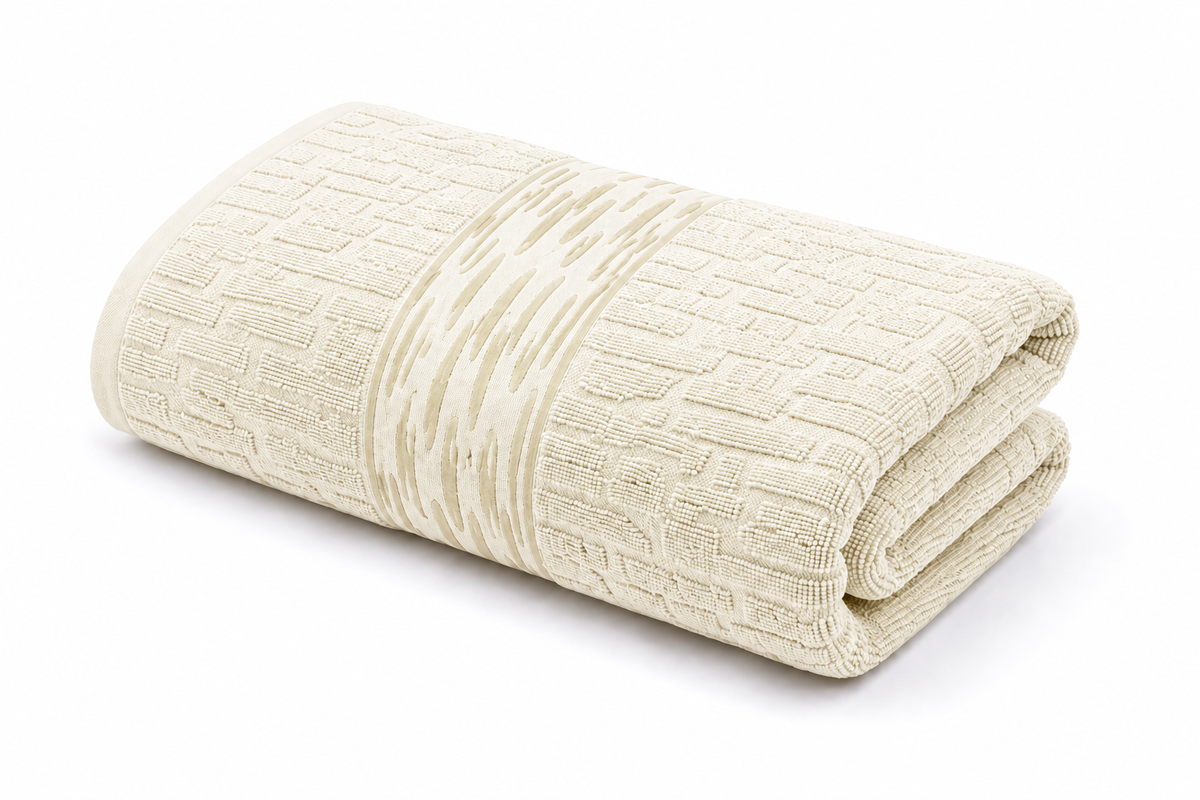 Ivory white textured bath towel with decorative woven pattern