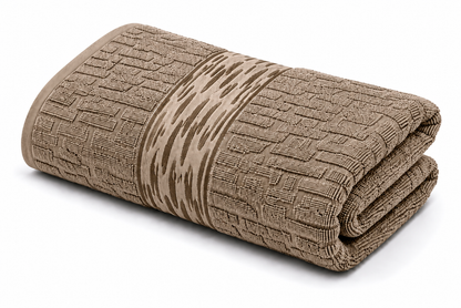 Warm taupe beige textured bath towel with decorative woven pattern