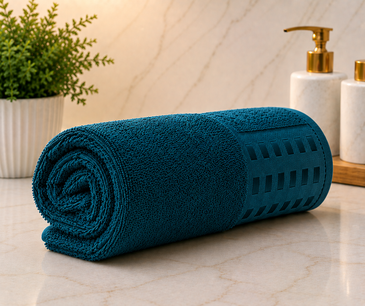 Cotenza Premium Cotton Bath Towel with Side Border in Deep Teal Blue