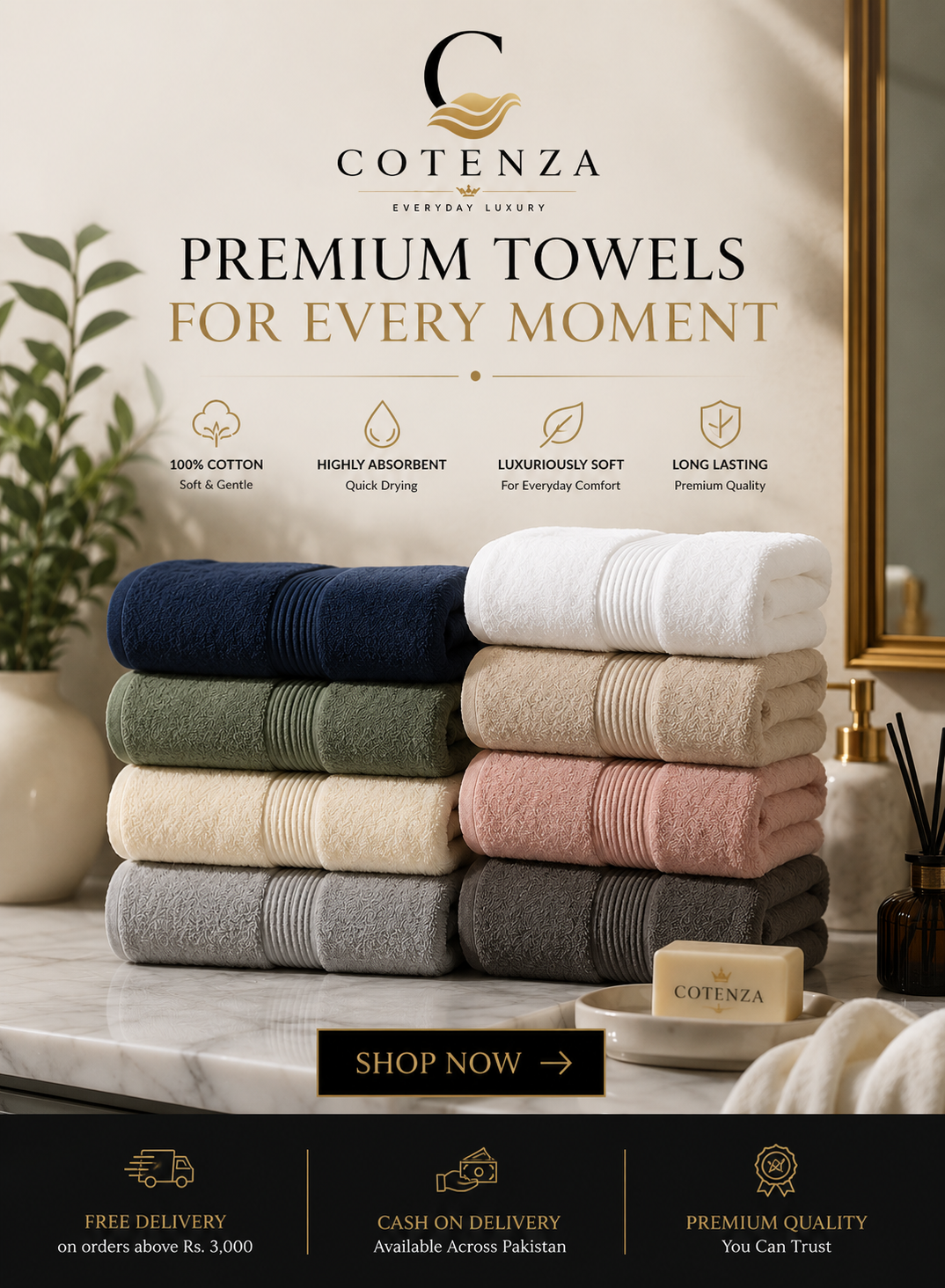 Cotenza premium cotton bath towels in Pakistan – soft, absorbent and luxurious towel collection