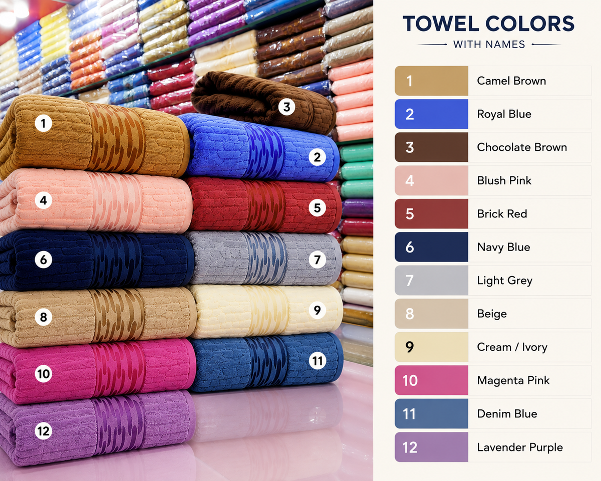 Cotenza premium velvet towels in 12 colours including Royal Blue, Navy Blue, Chocolate Brown, Blush Pink and Beige